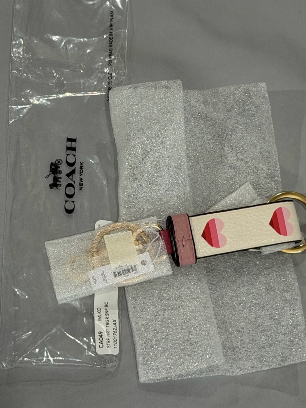 Coach Cream Leather Keychain Strap with Pink & Red Hearts
